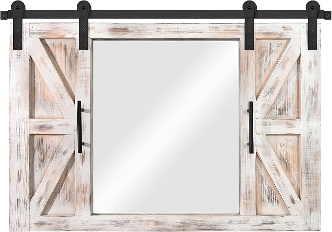 COGOOD Farmhouse Barn Door Mirror - 37" x 26" Rustic Wood Framed Mirror Wall Decor for Dining Room, Bathroom, Living Room, Bedroom Decorative, Rustic White - Image 8