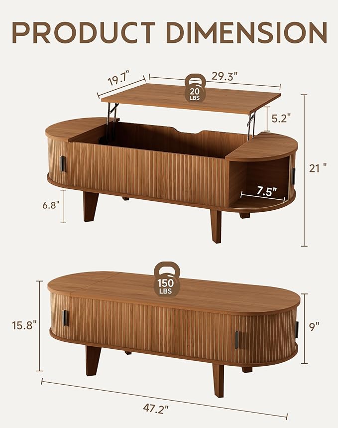 Oval Coffee Table with Storage, 47.2" Fluted Lift Top Coffee Table with 180° Sliding Tambour Door, Mid Century Modern Center Table for Living Room, Office, Cafe, Walnut