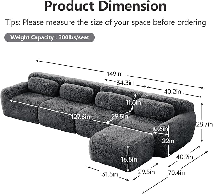 149" L-Shaped Boneless Modular Sofa, Plush Foam Lounge Couch, 32D High Density Sponge, Plush Convertible Sofa Set Deep Seat Couches for Living Room, Bedroom and Apartment, Dark Grey