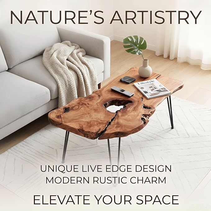 Live Edge Coffee Table - Natural Wood Coffee Table for Living Room, Handcrafted Rustic Modern Furniture with Unique Grain Pattern