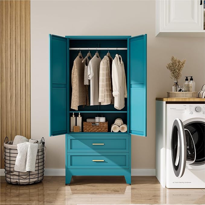 Metal Wardrobe Cabinet, 71" Tall Armoire Wardrobe Closet with 2 Drawers, Hanging Rod and Adjustable Shelf, Farmhouse Clothing Storage Cabinet for Bedroom, Laundry
