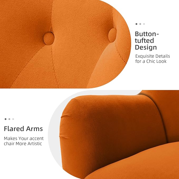HULALA HOME Velvet Accent Chair Set of 2, Modern Wingback Arm Chair with Metal Gold Legs, Velvet Tufted Upholstered(Orange)