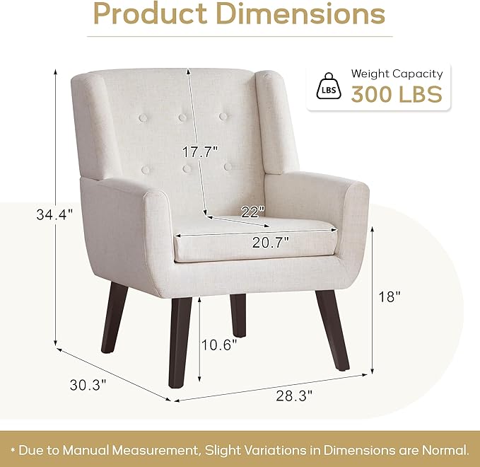 HUIMO Accent Chair Living Room Chair, Upholstered Button Tufted Armchair, Linen Fabric Sofa Chairs for Bedroom, Living Room, Mid-Century Modern Comfy Reading Chair (Beige)