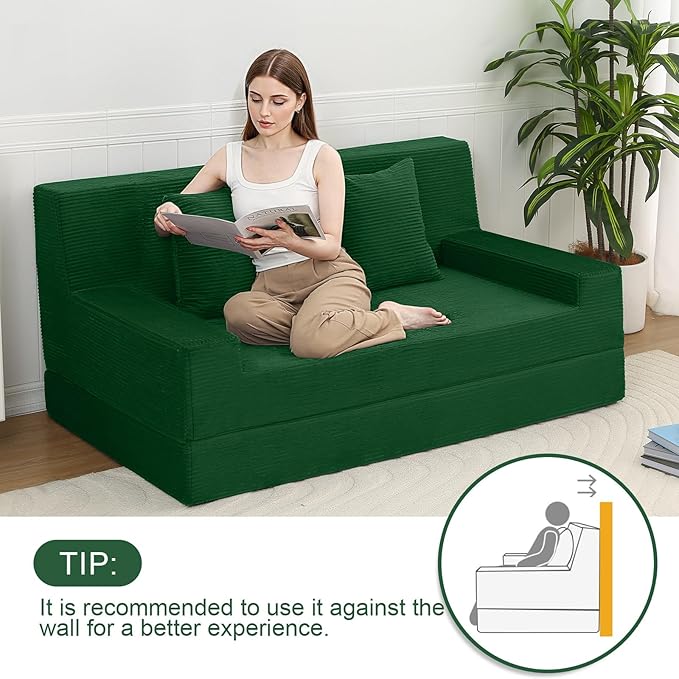 MeMoreCool Corduroy Loveseat Sleeper Sofa – Green Boneless Fold-Out Couch Bed with Foam Core, Convertible Floor Futon with Pillow & Washable Cover for Small Spaces, Bedroom, Guest Room