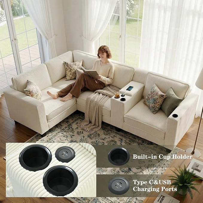 105.5" L-Shaped Corner Sectional Sofa with Multi-Functional Storage Console for Home Apartment, Comfy Corduroy Upholstered Cloud Couches W/USB-C Charger & Cupholders