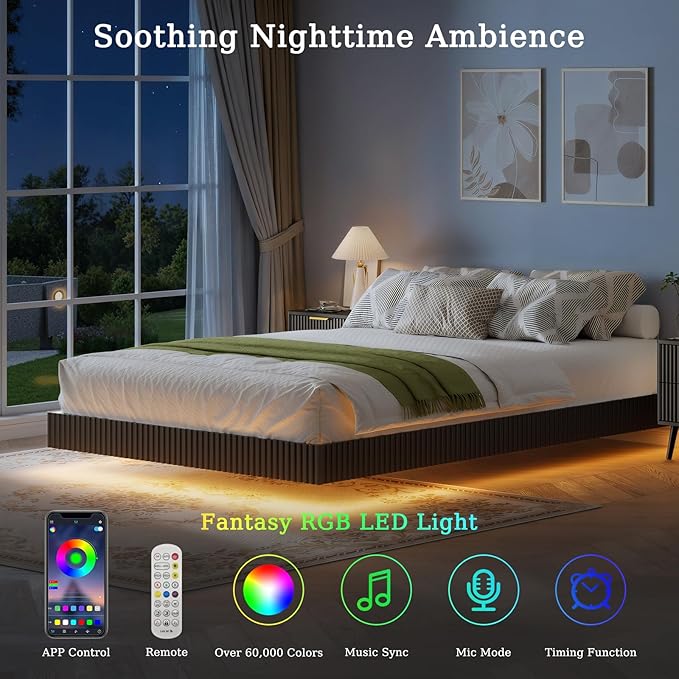 LYNSOM 3 Pieces Queen Bedroom Set, Floating Bed Frame with Smart LED Lights & Nightstand Set of 2, Fluted Bedroom Furniture Set for Home, Bedroom, Black
