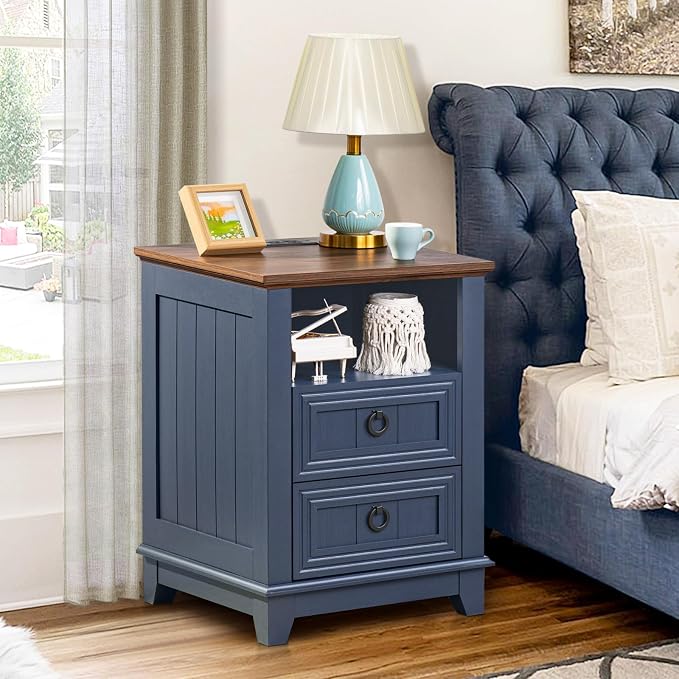 Joaxswe 18" Farmhouse Night Stands Set of 2 with Charging Station, 2 Drawers End Table Dresser for Bedroom, Blue Wooden Nightstand, Bed Side Table with Open Shelf, Bedside Cabinet for Living Room - Image 7