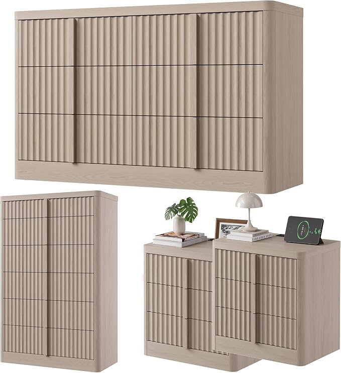 Fluted Dresser and Nightstand 4-Piece Bedroom Set, 47" Wide 6-Drawer + 49" Tall 6-Drawer Dresser and 2 of 3-Drawer Nightstand with Charging Station, Modern Bedroom Dressers Sets, Hallway, White Alder