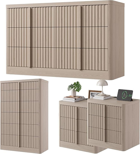 Fluted Dresser and Nightstand 4-Piece Bedroom Set, 47" Wide 6-Drawer + 49" Tall 6-Drawer Dresser and 2 of 3-Drawer Nightstand with Charging Station, Modern Bedroom Dressers Sets, Hallway, White Alder