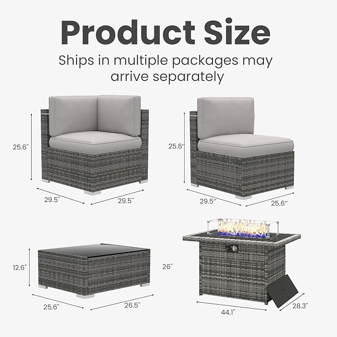 10 Pieces Patio Furniture Set with 44" Propane Gas Fire Pit Table, Outdoor Sectional Wicker Conversation Sofa Sets with Coffee Table