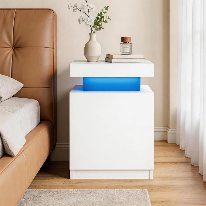 MXV Nightstands Set 2, 17 Inches LED Night Stand Set of 2, Modern Bedside Table, High Gloss Surface, End Table with Storage for Bedroom, White - Image 5