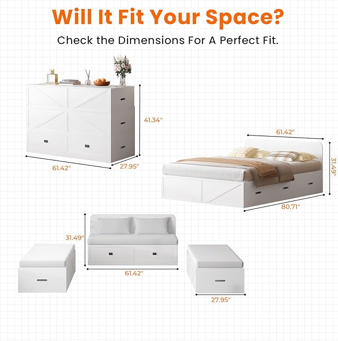 CECER Murphy Bed Queen with Mattress Include，Queen Size Murphy Bed with Storage Drawers，Multi-Functional Desgin that Converts to Sofa Set for Small Spaces/Guest Room/Bedroom（White）