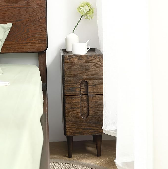 Solid Wood Bedside Table Nightstands, Slim Narrow Oak Real Wooden Mid-Century Modern End Table with Drawers Luxury Side Table Durable Cabinet Organizer Furniture, Walnut Color 7.87in Wide by AutoHenair