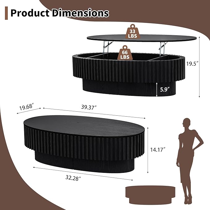 Oval Lift Top Coffee Table with Storage, Modern Drum Center Table with Hidden Compartment for Living Room, Lift Tabletop Fluted Minimalist Wood Dining Table for Home Office - Black