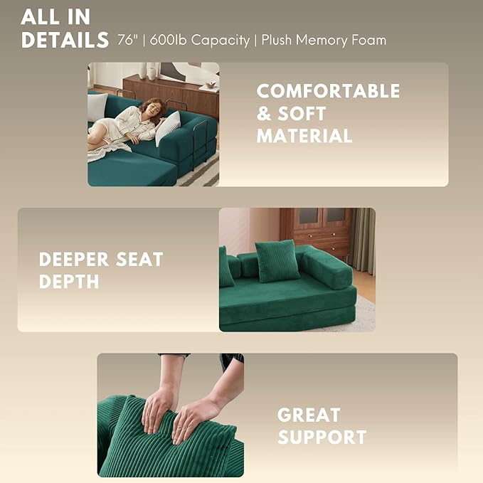 4-in-1 Folding Convertible Sofa Bed, 77" Floor Couch with Pillow - Corduroy Fabric & High-Density Sponge & Fixed-Shape Frame, Modular Sofa for Living Room/Lounge/Studio, Green