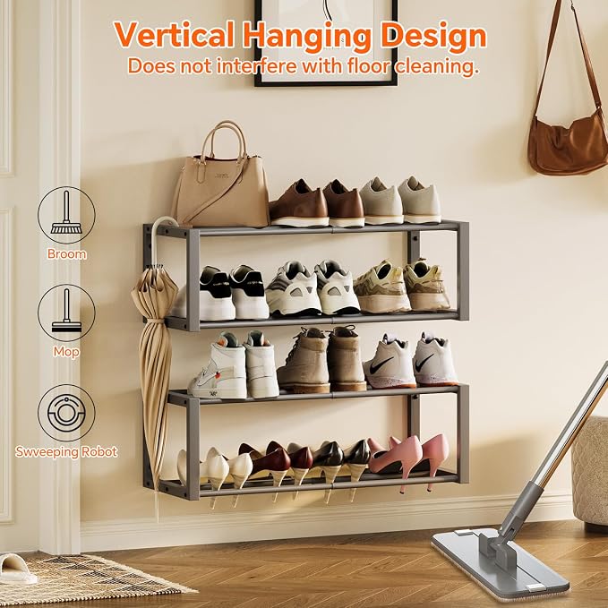 Homeiju Hanging Shoe Organizer,2 Pack Wall Mounted Shoe Rack Holds 12 Pairs,Space Saving Metal Wall Shoe Rack,Hanging Shoe Rack Shoe Holder for Small Space,Entryway,Closet,RV,Camper (Grey) - Image 5
