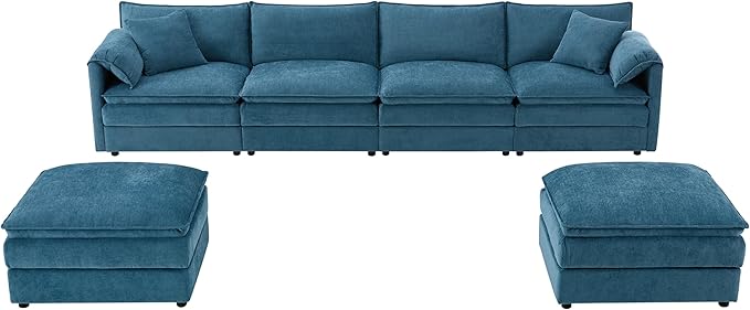 Merax 136" U-Shaped Chenille Modular Sectional Sofa, Oversized Cloud Couch Set with Double Cushions, 6-Seat with Movable Ottomans, Deep & Wide Seating, Blue