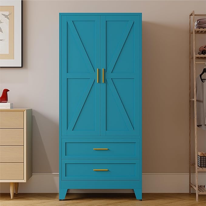 71" Tall Metal Armoire Wardrobe Closet,17.7" Deep By 31.5" Wide Portable Closet for Hanging Clothes,Wardrobe Cabinet with Drawers and Shelves for Bedroom Office Garage,Blue 1 Pack