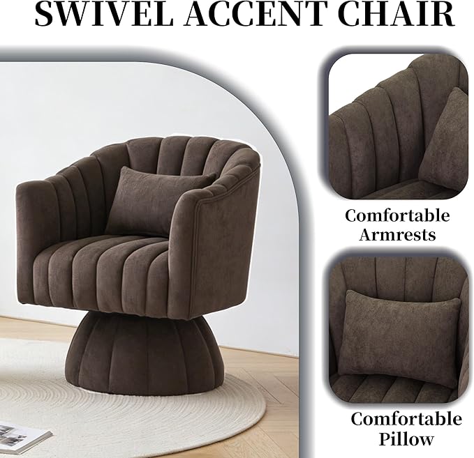 ClinQ Swivel Barrel Chair with Pillow Set of 4, 360° Cloud Velvet Round Swivel Accent Chair, Upholstered Cuddle Reading Lounge Chair for the Living Room, Bedroom, Office, Brown-Vertical Stripes