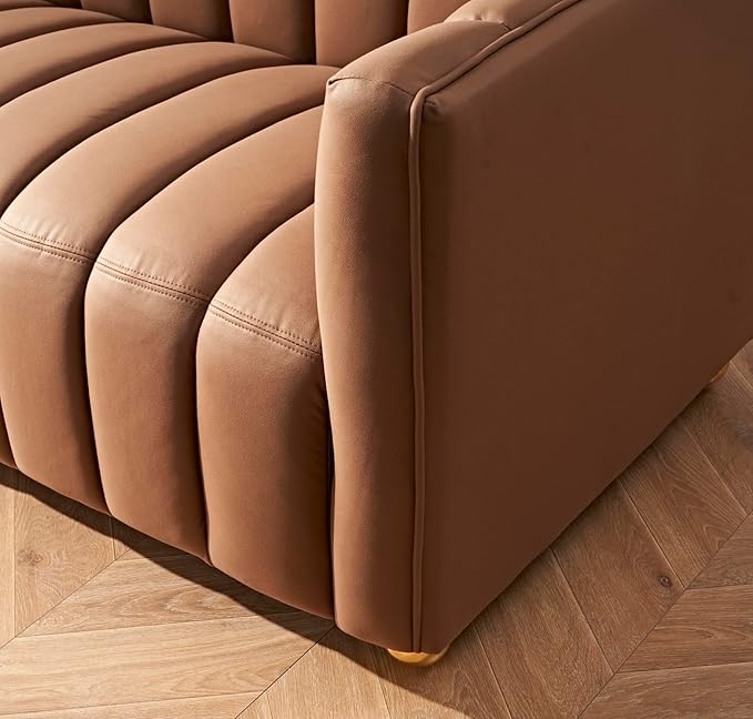 Direct Glam Fabric Upholstered Solid Wood Frame 82.7" Art Deco Sofa for Living Room, Office, Sophisticated 3 Seater Couch, Brown