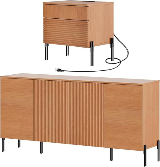 WAMPAT 2 Pieces Bedroom Set, Fluted Dresser and Nightstand Set, Wood Storage Cabinet and Nightstands with Charging Station, Wide Storage Organizer Cabinet for Bedroom, Mocha