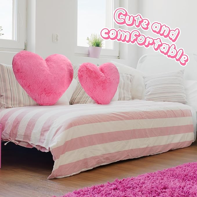 Marsui 2 Pcs Heart Throw Pillows, Soft Fluffy Faux Fur Decorative Hearts Shaped Pillows for Living Room Sofa Bed, Cute Heart Themed Gift for Women(Peach Pink,11.81 x 11.02, 16.73 x 13.78 Inch)