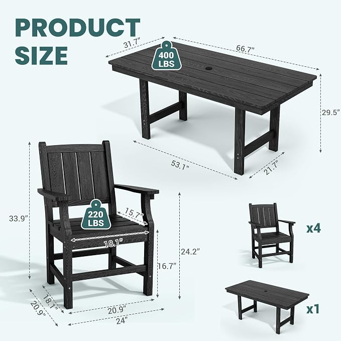 Pamapic 5-Piece Outdoor Dining Set, HDPE Outdoor Rectangular Table and 4 Chairs, Wood Grain Patio Furniture Sets with Armrest, All-Weather Patio Dining Table with Umbrella Hole, Black - Image 3
