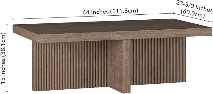 Henn&Hart 44" Fluted Rectangular Wood Pedestal Low-Profile Coffee Table with Ribbed Pedestal Base for Living Room, Family Room or Office, Weathered Gray
