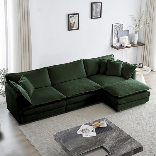 KEIKI Combination Sofa, Upholstered 3 Seater Couch, Oversized L Shaped Sectional Sofa with Reversible Ottoman for Living Room Bedroom Office, Green