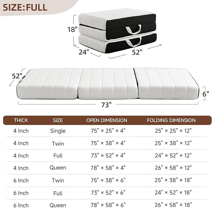 ROXGOX Foldable Mattress, Full Tri-Fold Memory Foam Mattress Topper with Washable Cover, Handle & Non-Slip Bottom, 6 Inch Portable Folding Bed for Guest, Yoga, Living Room, Camping - 73"x52"x6"