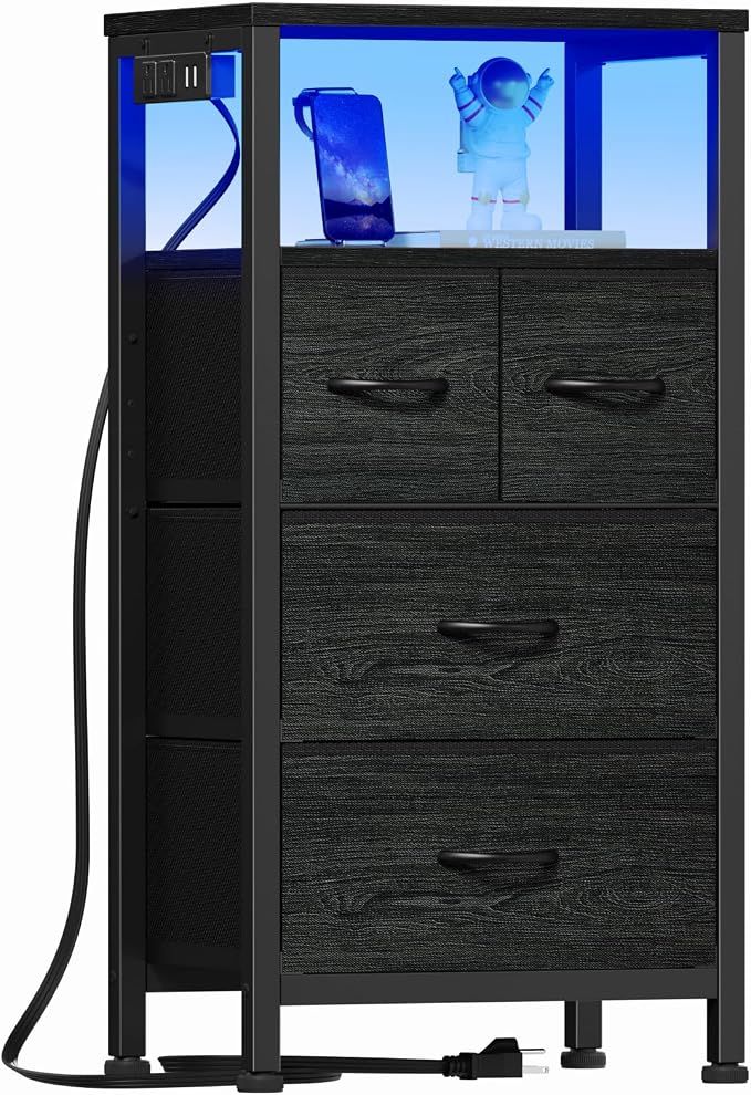 Furnulem Tall Night Stand with Charging Station and Led Light, Small Dresser with Open Shelf and 4 Storage Drawers, Black Side Table Fabric Nightstand for Bedroom, Entryway, Bedside Furniture | and Led Light, Open Shelf, 4 Storage Drawers, for Bedroom,... by Furnulem