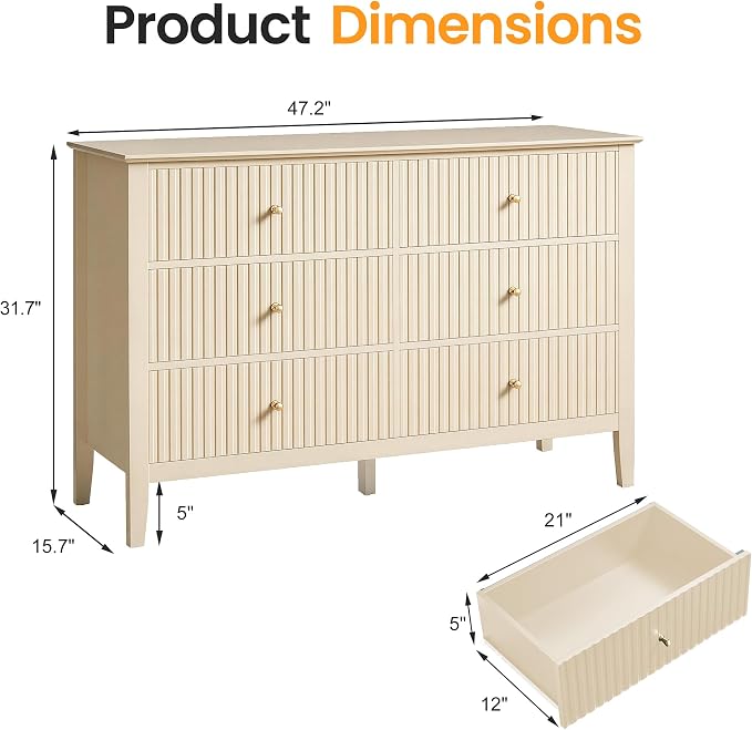 RoyalCraft Beige 6 Drawer Dresser, Fluted Modern Wood Chest of Drawers, Long Dresser for Bedroom TV Stand Storage Cabinet for Living Room - Image 2