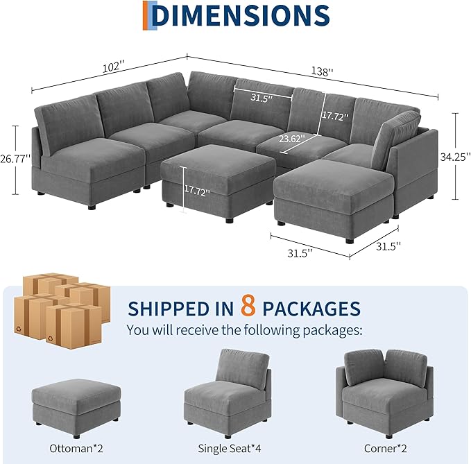 GarveeHome 138" Modular Sectional Sofa, 8 Seater Sectional Couch, U Shaped Sofa with Ottoman, Oversized Convertible Modular Couch for Living Room Apartment Office, Chenille Grey
