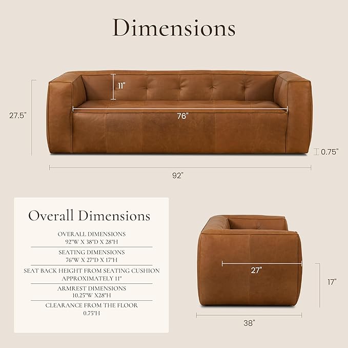 Poly & BARK Capa 92" Sofa – Saddle Tan Full-Grain Pure-Aniline Italian Leather, Boxy Modern Design, Feather-Fiber Cushions, Solid Wood Frame