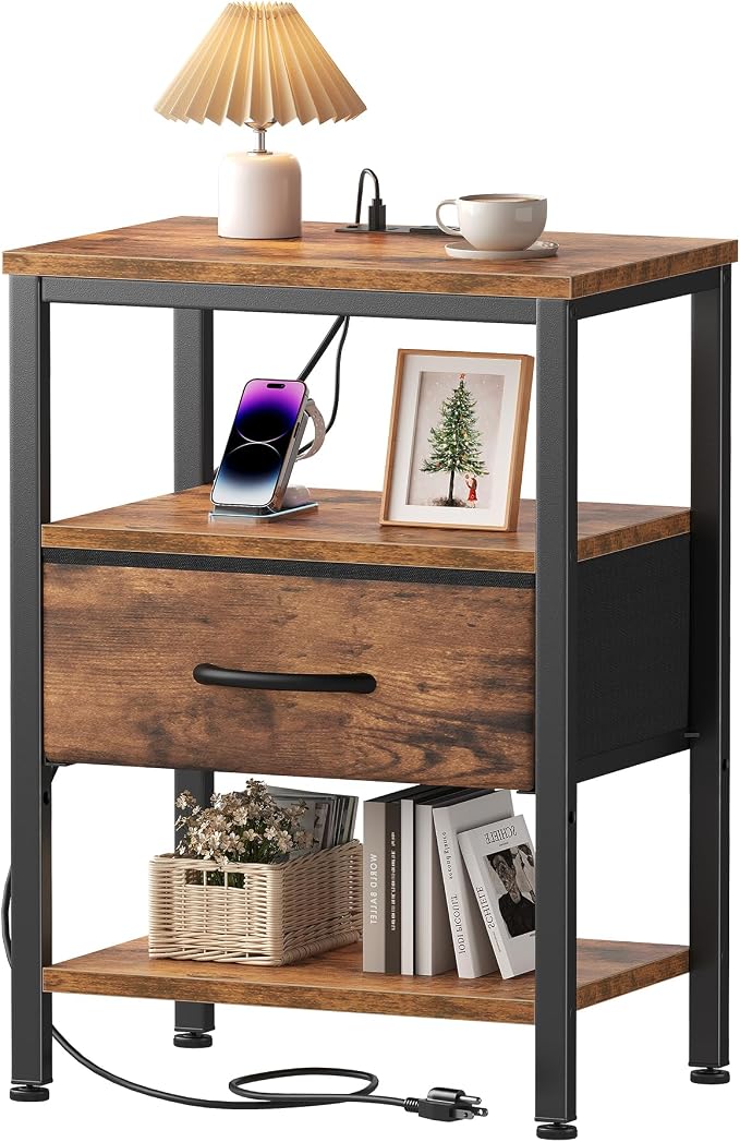 OLIXIS Nightstand with Charging Station, Bedside Tables with USB Ports and Fabric Drawer, Small Night Stand with Open Adjustable Shelf, Compact End Table for Bedroom, Rustic Brown by OLIXIS