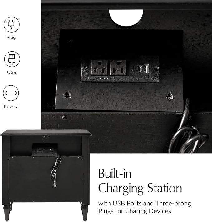HULALA HOME Farmhouse Storage End Table with Spindle Columns, 2 Drawers and Open Shelf Side Table, Solid Wood Fluted Side Table with Charging Station, Black - Image 5
