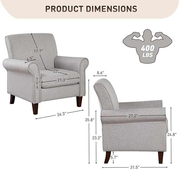 Prilinex Upholstered Living Room Chair Set of 3 - Large Comfy Fabric Accent Chair Single Sofa with Cushion, Rolled Armrest & Nailhead Trim, Mid Century Modern Armchair for Bedroom, Office, Grey