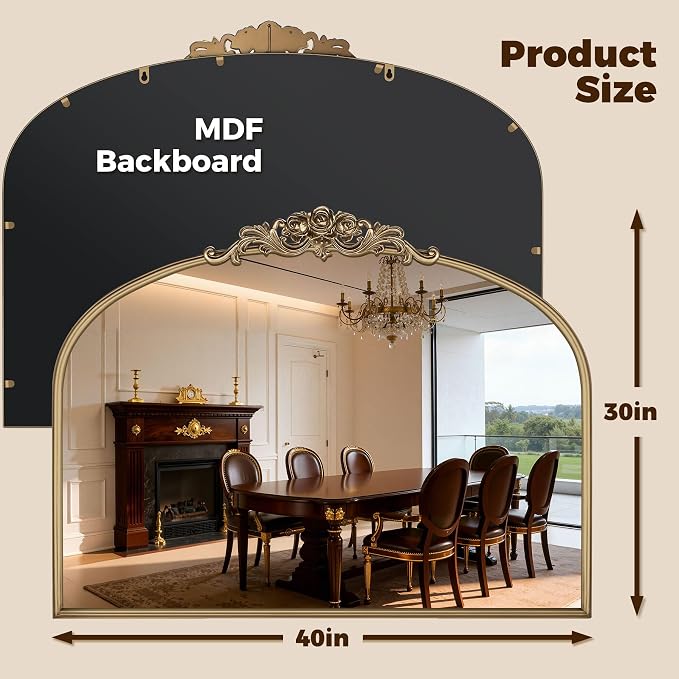 40"x30" Vintage Gold Mirror, Ornate Baroque Mirror with Metal Frame and Rose Floral Crown, Gold Antique Mirror for Fireplace, Living Room, Bedroom, Entryway or Bathroom -Upgrade Tempered Glass - Image 3