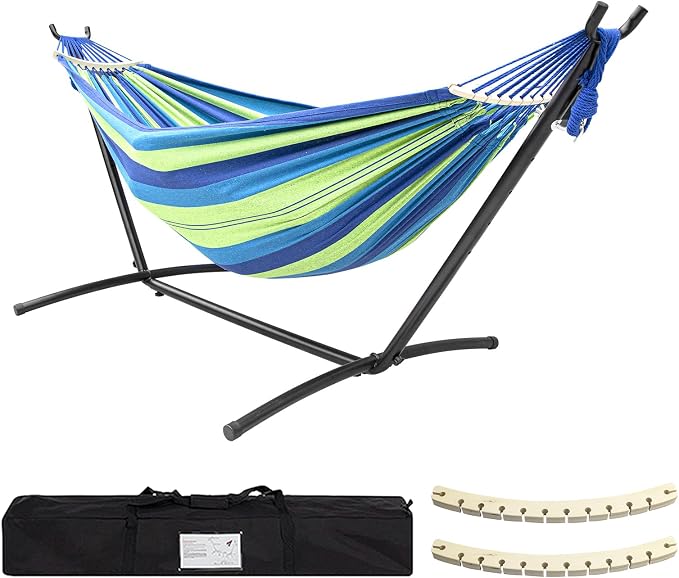SZHLUX Double Hammock with Stand Included 450lb Capacity Steel Stand, Premium Carry Bag Included.Indoor Outdoor Brazilian-Style Cotton Bed for Backyard, Camping,Garden,Green by SZHLUX