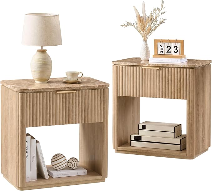 Fluted Nightstand Set of 2, 23" W Night Stand with Drawer, Wood Bed Side Table with Faux Marble-Top, Curved Corner, Metal Handle, Modern Bedside Table for Bedroom, Living Room, Office, Natural Oak by DelArk