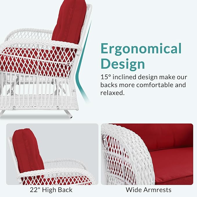 MEETWARM 4 Pieces Outdoor Wicker Patio Conversation Sets with Glider Loveseat, 2 Chairs with Coffee Table Wicker Rocking Glider Set, Patio Conversation Set with Thickened Cushions, White/Red