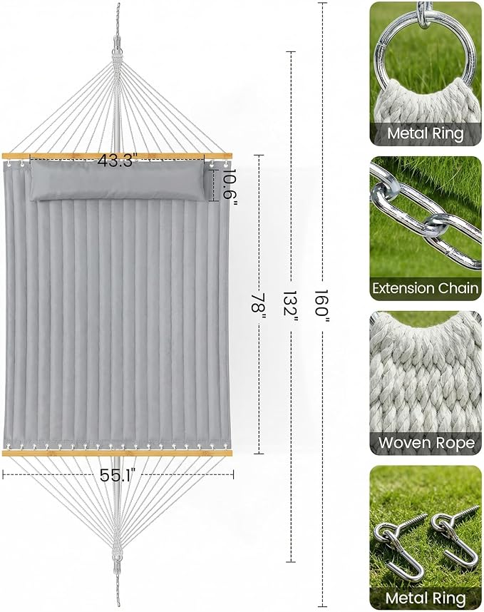 ANAGOO Double Quilted Outdoor Hammock for 2 Adults, 500lb Capacity Backyard & Camping Hammock with Pillow and Bamboo Spreader Bar, Fits 11–15ft Hammock Stands (Stand Not Included),Dark Gray - Image 6