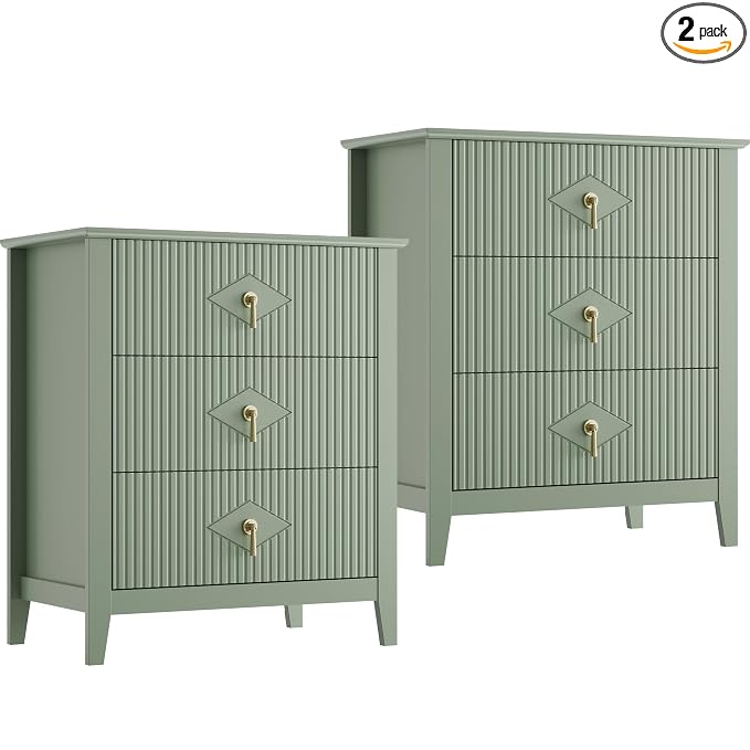 GarveeHome 2Pcs Wood Nightstand Fluted Dresser for Bedroom, 27.5" Wide 3-Drawer Bedside Tables, Modern Chest of Drawers, Storage End Table Living Room, Hallway, Entryway, Green by GarveeHome