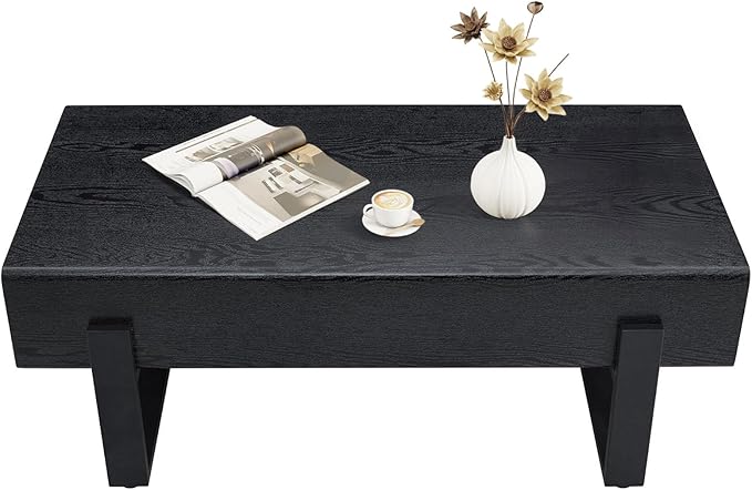 47.24" Rectangle Coffee Table, Wood Coffee Table Center Table with 7.8" Thick Tabletop Metal Legs Rounded Corners for Living Room Office, Black