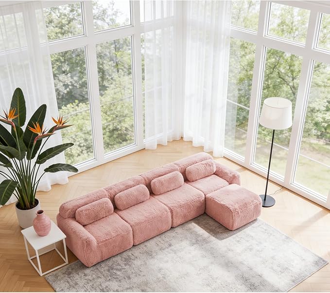149" L-Shaped Boneless Modular Sofa, Plush Foam Lounge Couch, 32D High Density Sponge, Plush Convertible Sofa Set Deep Seat Couches for Living Room, Bedroom and Apartment, Pink