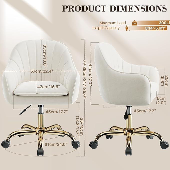 Vanity Chair with Wheels, Comfy Home Office Desk Chairs Adjustable Modern Velvet Makeup Vanity Chairs for Bedroom Living Room-Beige