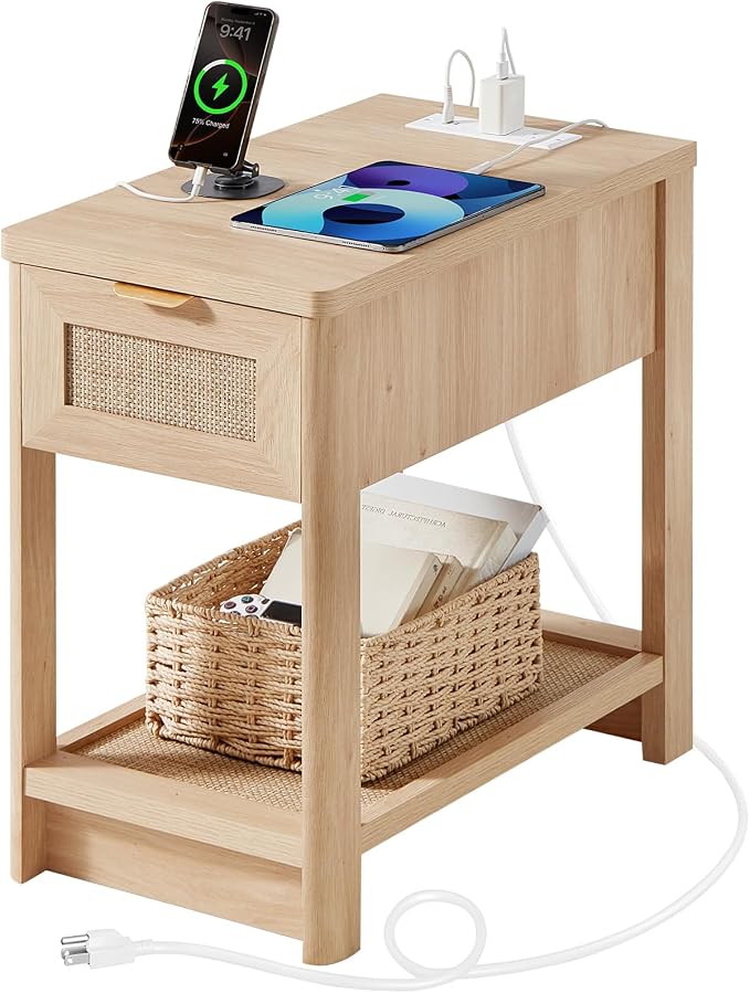Lerliuo Narrow Night Stand with Charging Station, Boho Nightstand with Drawer, Bed Side End Table with Rattan Shelf for Small Spaces, Wood Nightstands Bedside Tables for Living Room Bedroom by Lerliuo