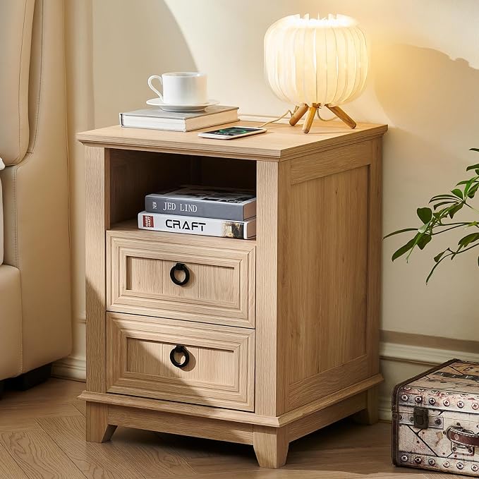 Joaxswe 18" Farmhouse Night Stand with Charging Station, 2 Drawers Bedside End Table, Natural Wooden Nightstand, Bed Side Table Cabinet with Open Shelf for Bedroom Living Room Office by Joaxswe
