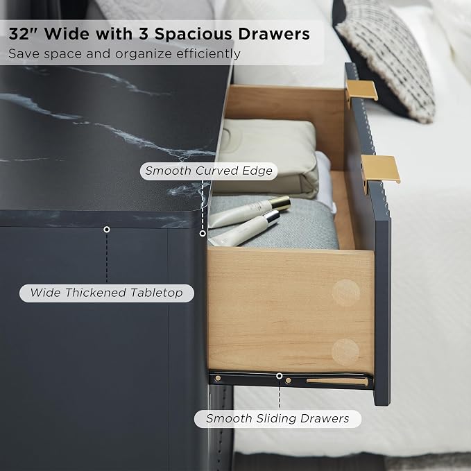 T4TREAM Fluted 3 Drawers Nightstand Set of 2, Oversized Extra Large Modern Side Table with Faux Marble Top, End Table Bedside for Bedroom, Living Room, Curved Profile Design, Dark Grey | Fluted, Modern, 3 Drawers, w/Storage, for Bedroom, Living Room - Image 4