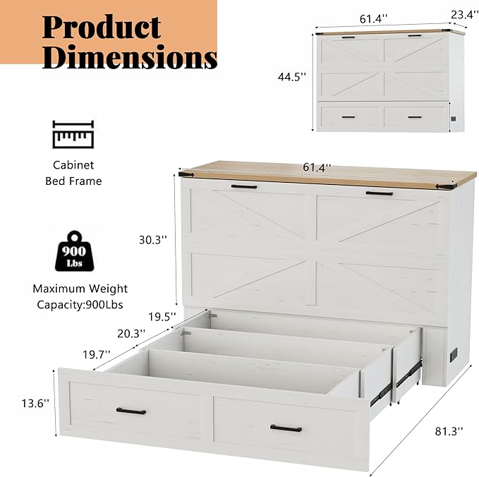 Bellemave Queen Murphy Bed, Cabinet Bed with Charging Station and 1 Large Storage Drawer, Farmhouse Murphy bedframe with Foldable Panel, Noisy Free, for Guest Bedroom, Living Room, White